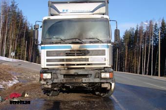 Прионежский район, 4 апреля 2014 года, 07-15. Пожар в седельном тягаче ДАФ (DAF) произошел на 416-м километре автодороги М-18 "Кола", в черте населенного пункта Вилга.
