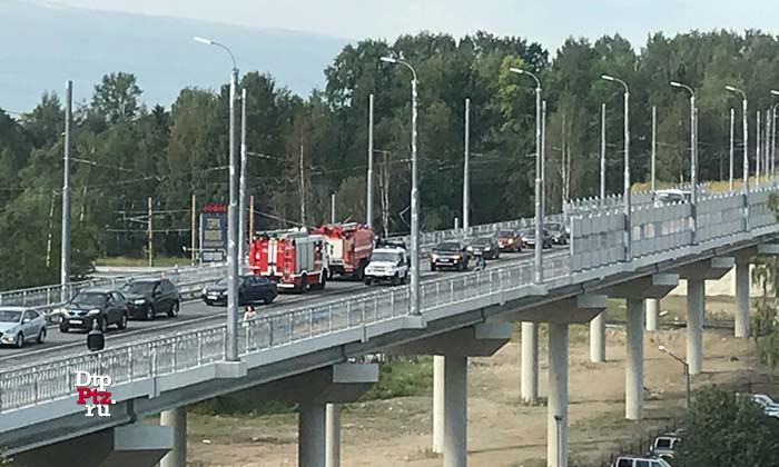Петрозаводск, 15 августа 2018 года, 08-24.   Пожар в легковом автомобиле Фольксваген (Volkswagen) произошел на Гоголевском путепроводе.