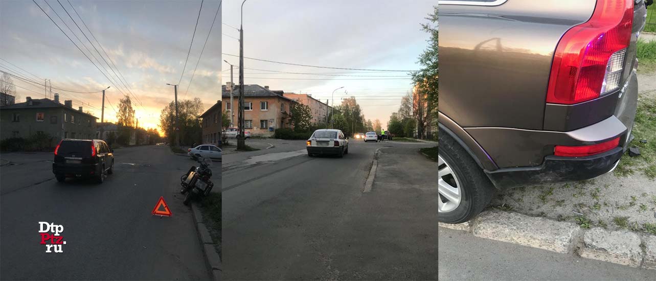 Петрозаводск, 26 мая 2020 года, 20-56.   ДТП с участием мотоциклиста (Ural) и кроссовера  Вольво (Volvo XC90) произошло на пересечении улиц Луначарского и Пробная.